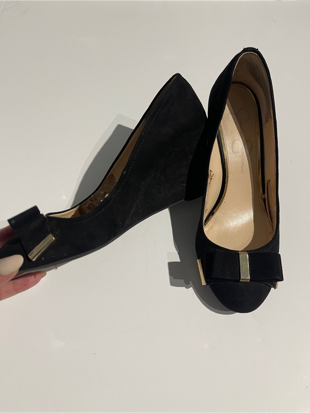 Jessica Simpson Black Suede Bow Wedge Pumps